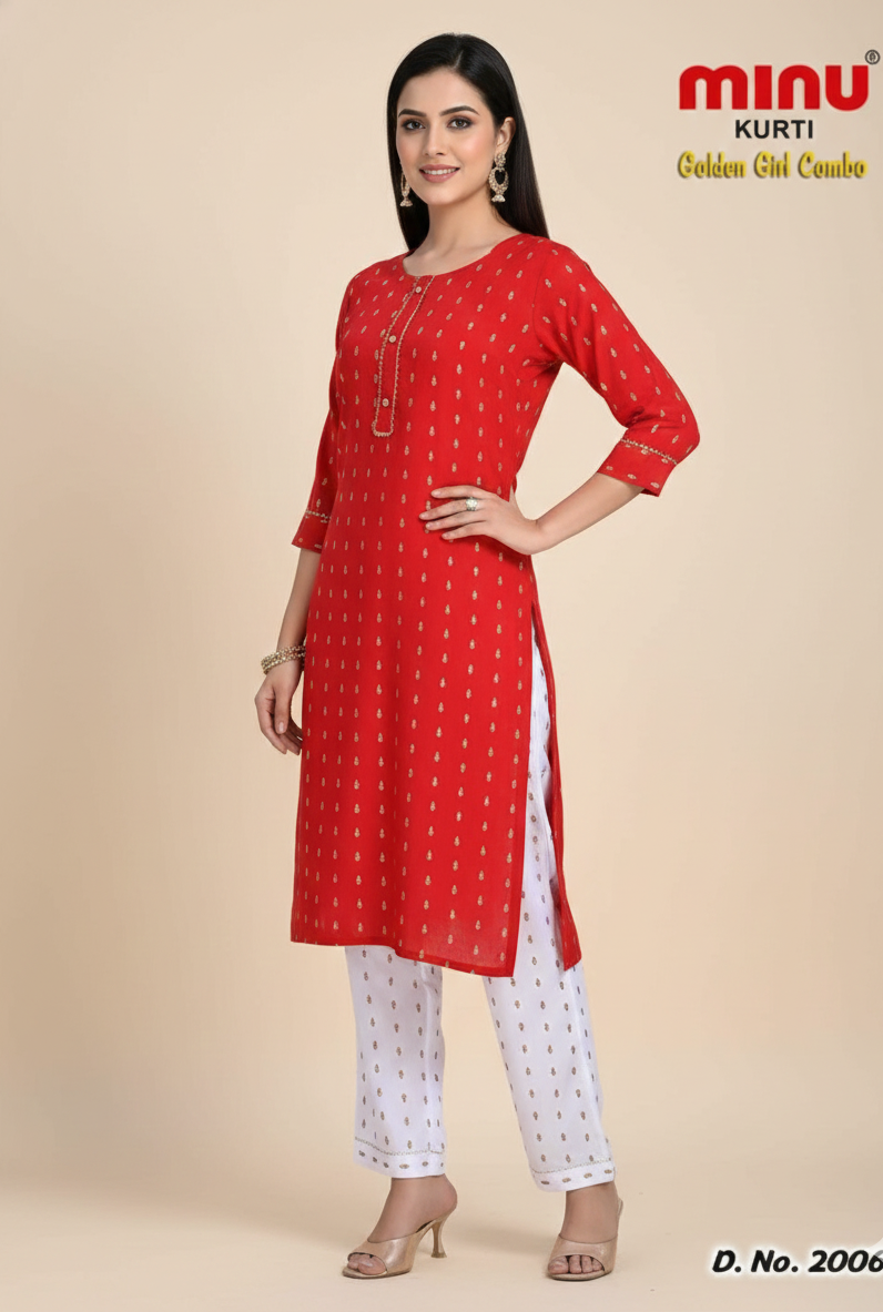 Golden Girl Combo Kurti Cherry Maroon