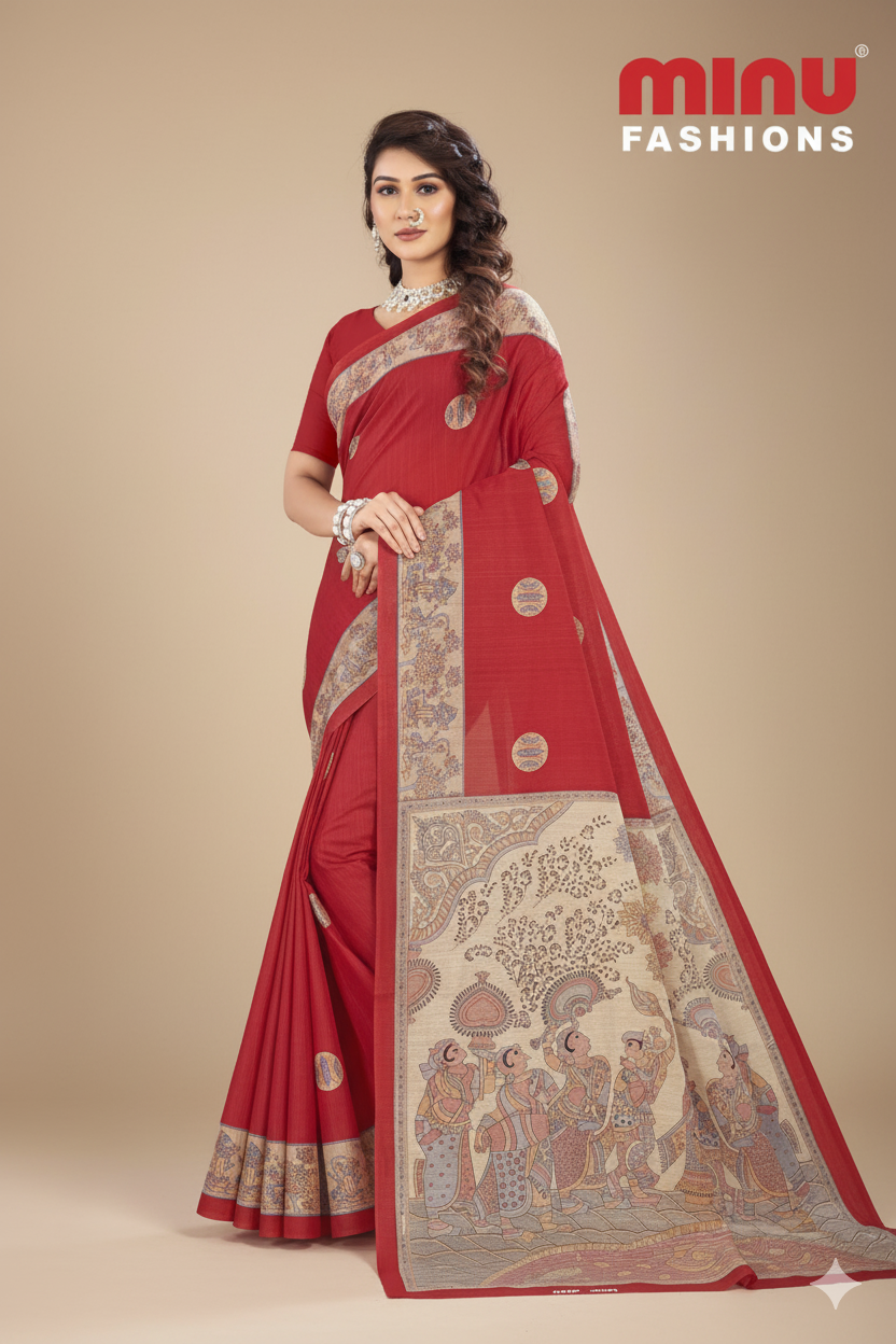 Madhubani Kantha Malai Cotton Printed Saree Red