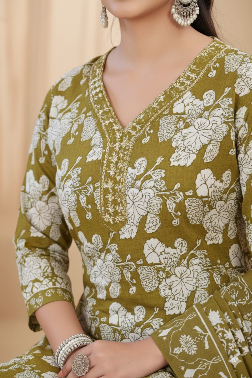 Pariza Cotton Printed Stitched Salwar Suit Mehendi 1008