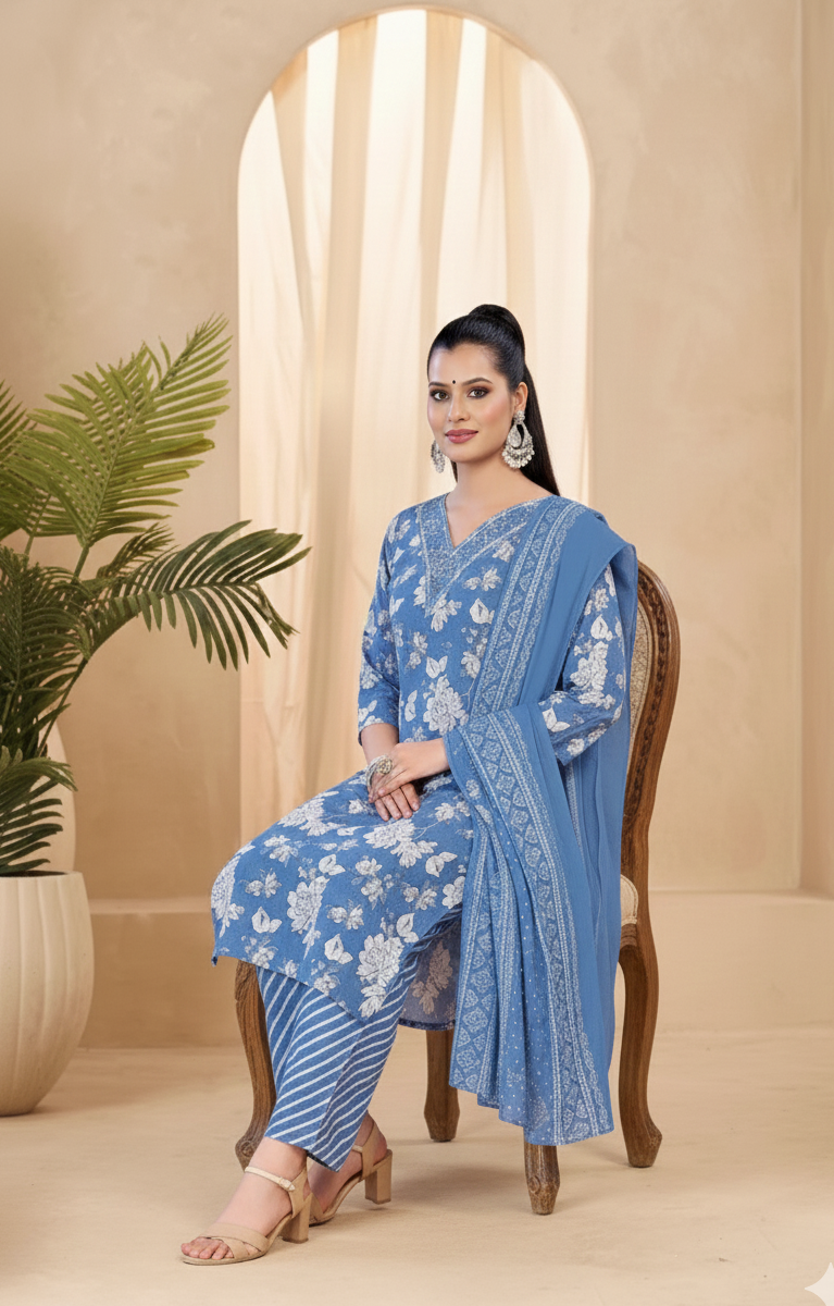 Pariza Cotton Printed Stitched Salwar Suit Blue 1005