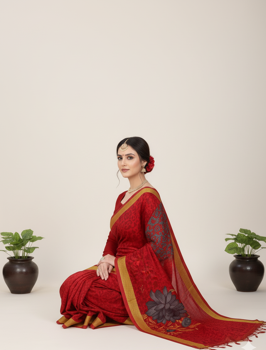 Sonar Bangla 31 Cotton Printed Saree Deep Maroon