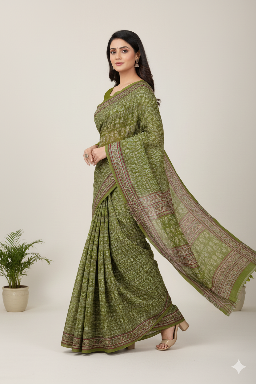 Howrah Haat Cotton Printed Saree Green 2475
