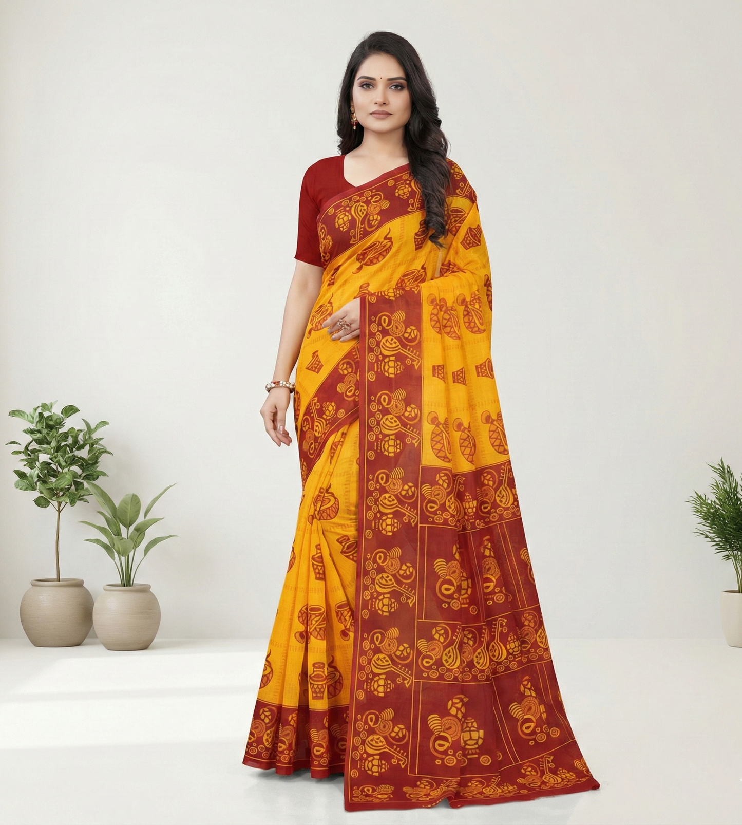 Monica Yellow & Red Traditional Cotton Saree