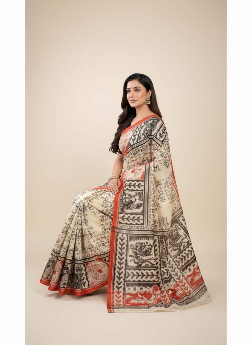 Srimoyee Cotton Printed Saree Off-White