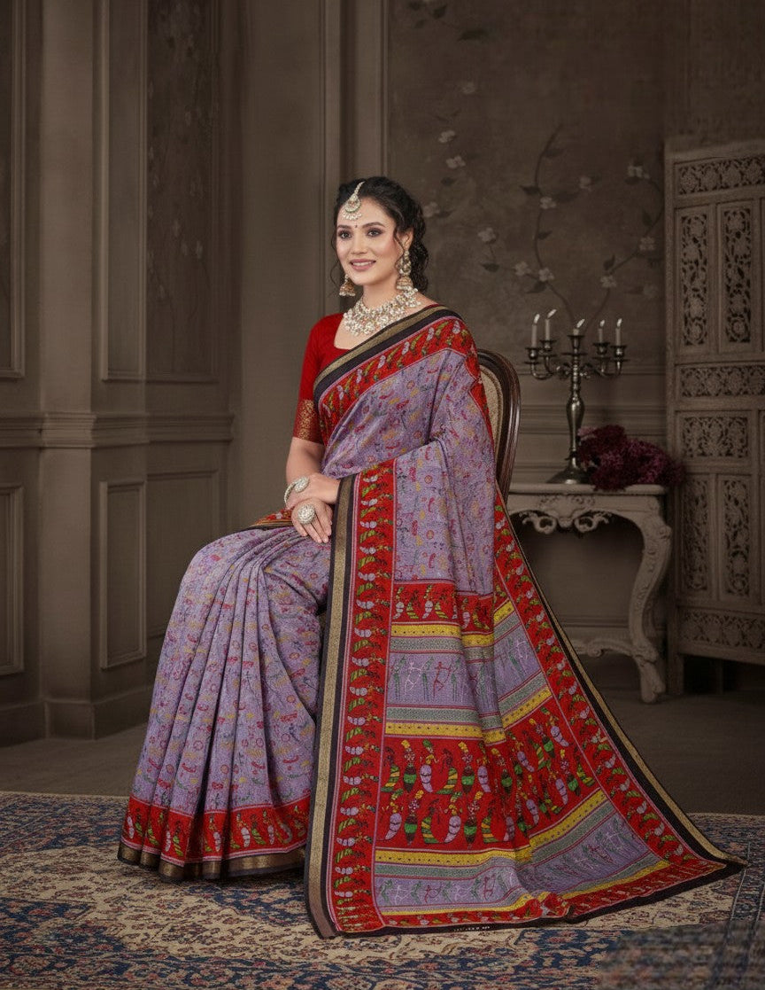 Kanishka Script Muslin Cotton Printed Saree Purple & Red