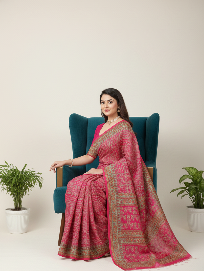 Howrah Haat Cotton Printed Saree Pink 2474