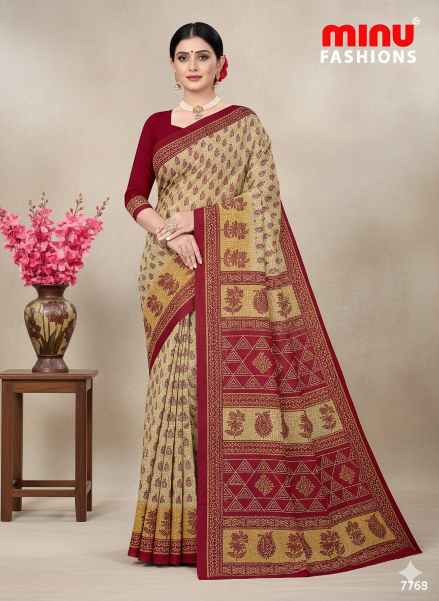 Malaika Cotton Printed Saree Creme Red 7761