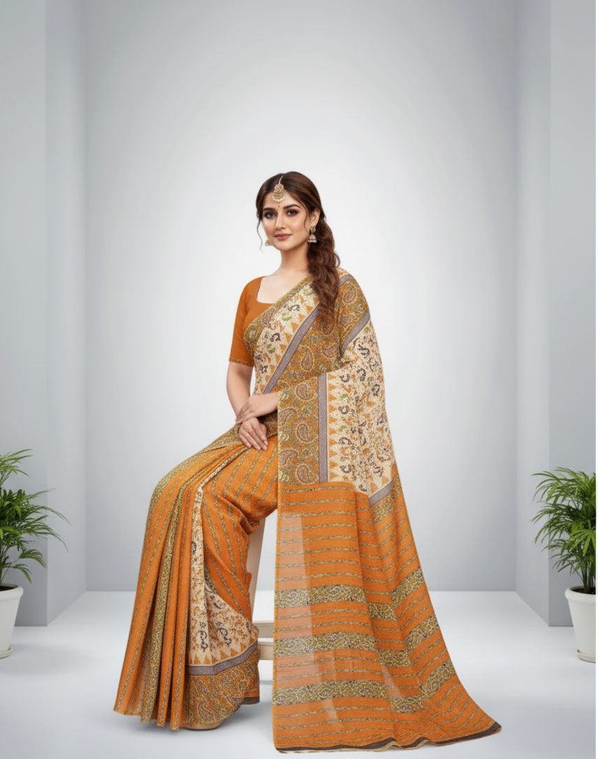 Sonajhuri Cotton Printed Saree Mustard 14818