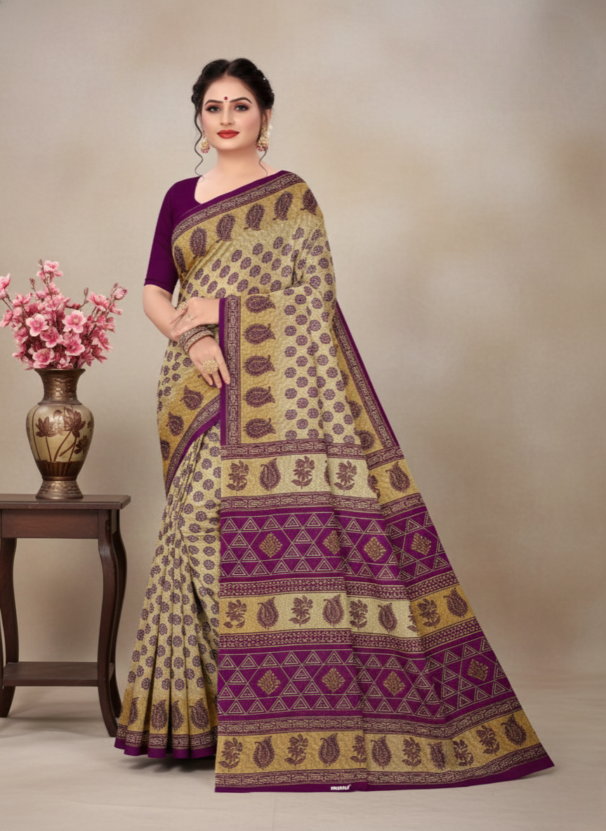 Malaika Cotton Printed Saree Purple 7766