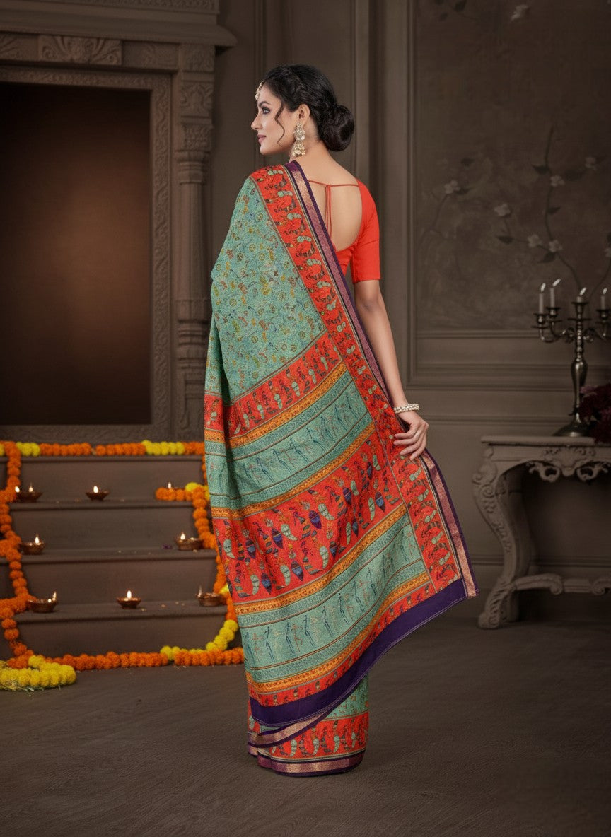 Kanishka Script Muslin Cotton Printed Saree Green & Orange