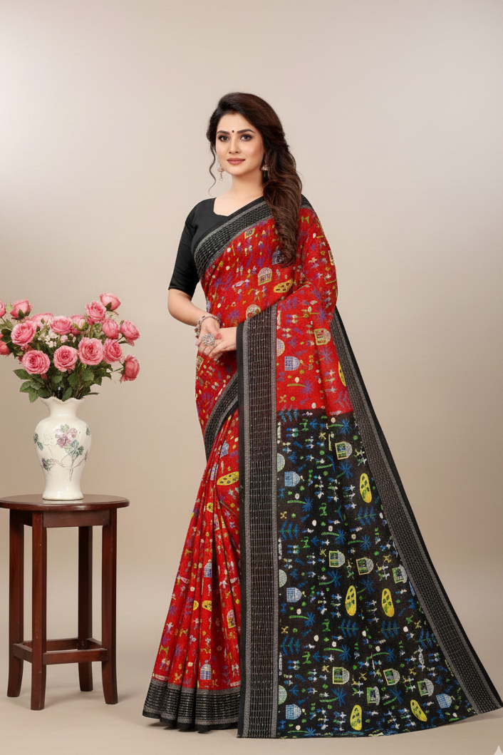 Boutique Special Gold Cotton Printed Red Saree