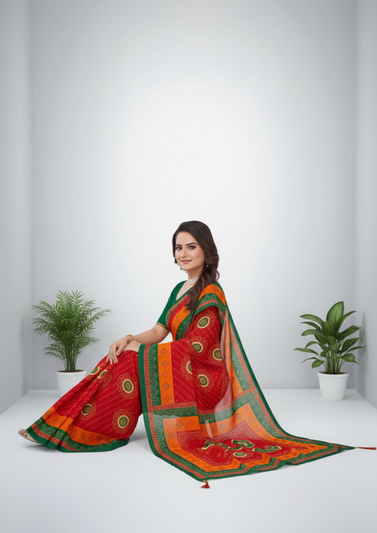 Janak Nandini Cotton Embroidery Saree Red