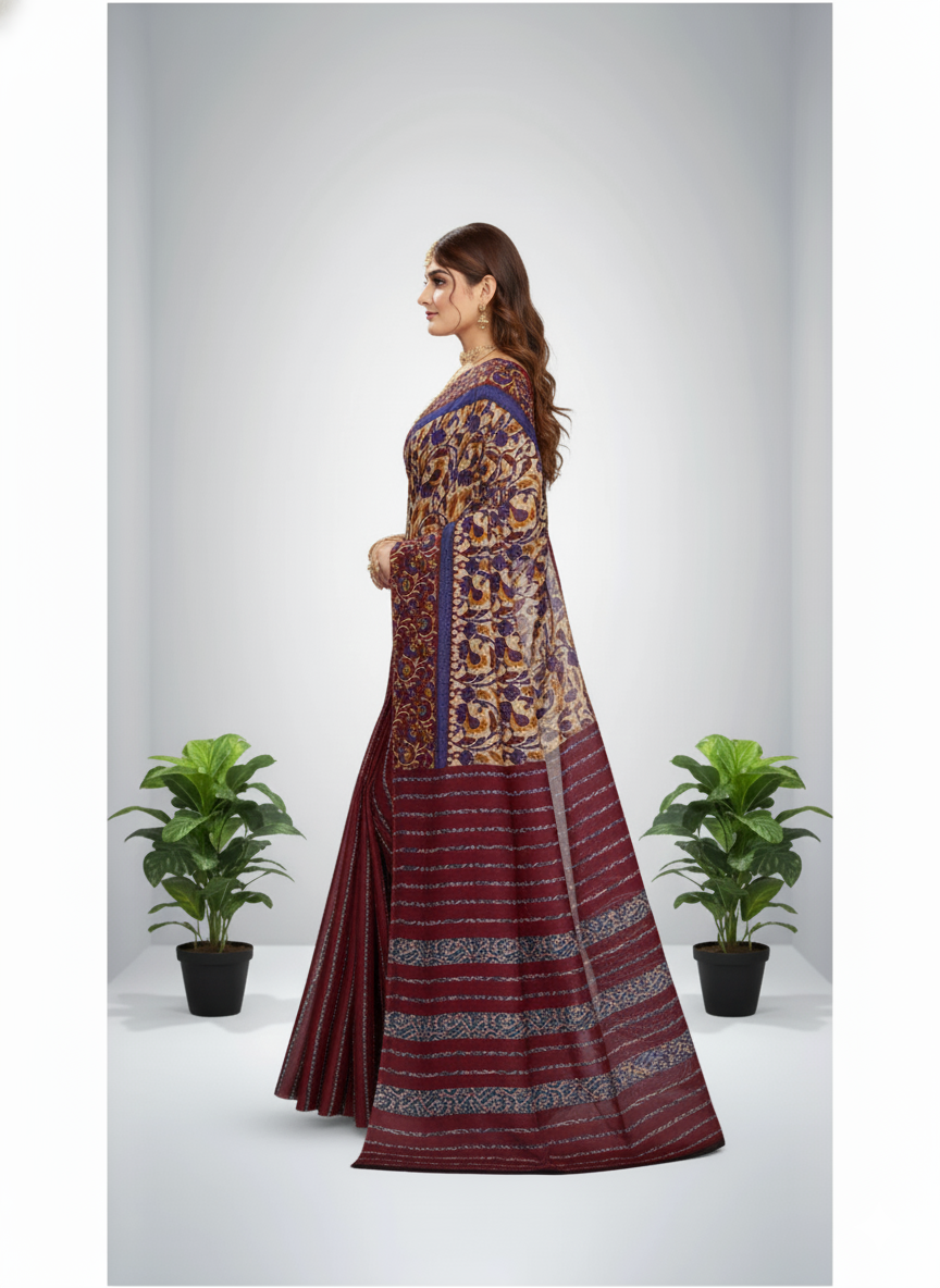 Sonajhuri Cotton Printed Saree Maroon 14817