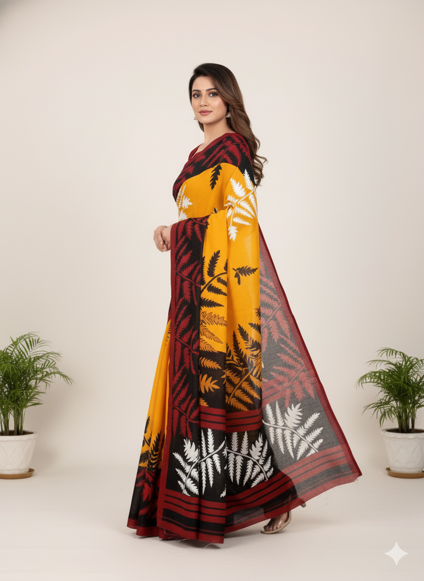 Sonar Bangla 31 Cotton Printed Saree Deep Yellow