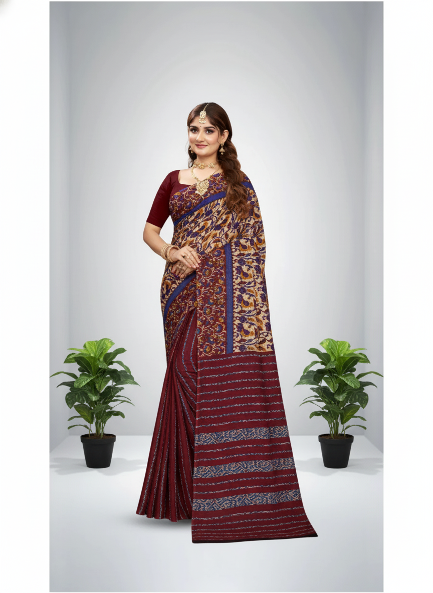 Sonajhuri Cotton Printed Saree Maroon 14817
