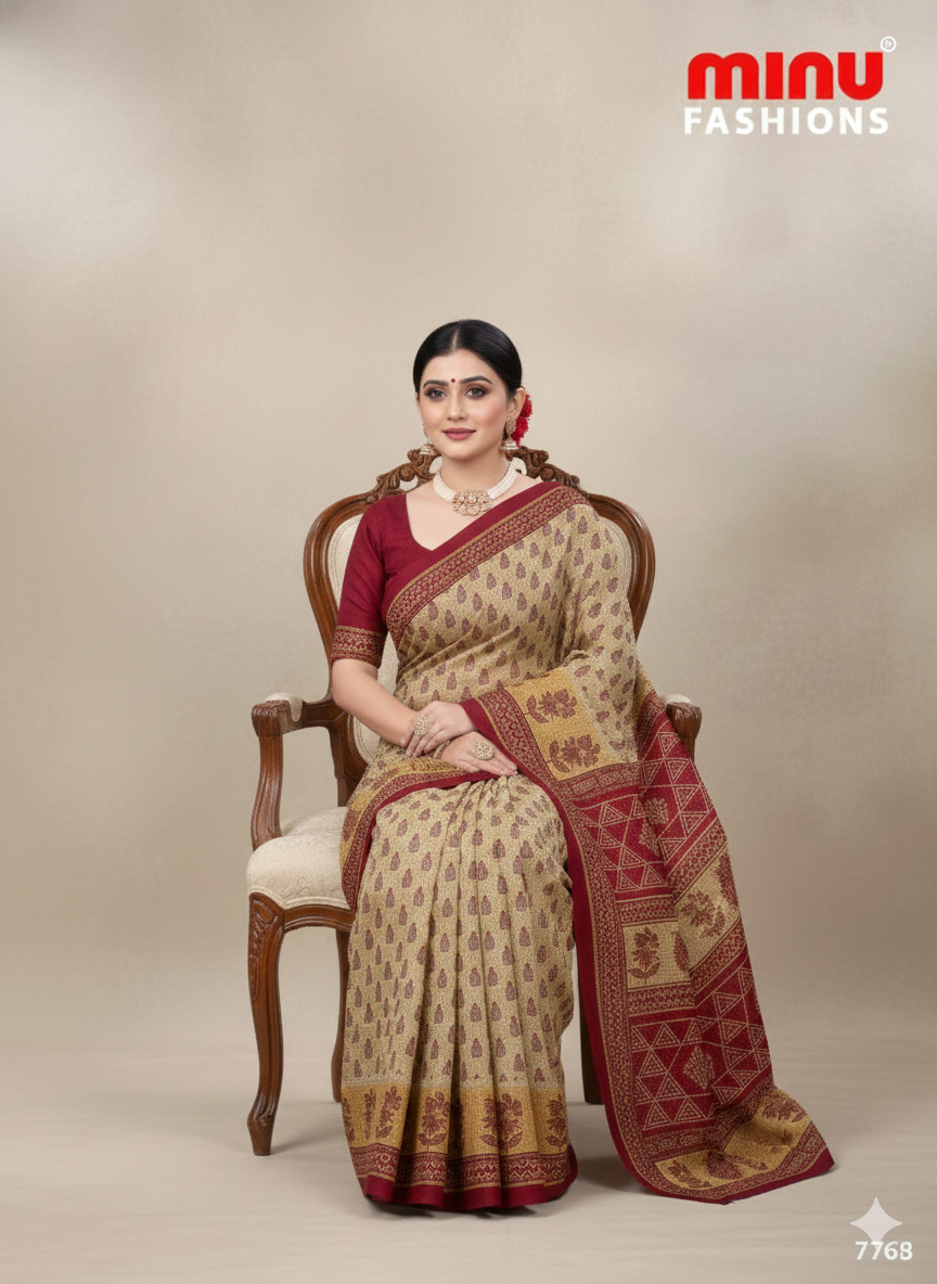 Malaika Cotton Printed Saree Creme Red 7761