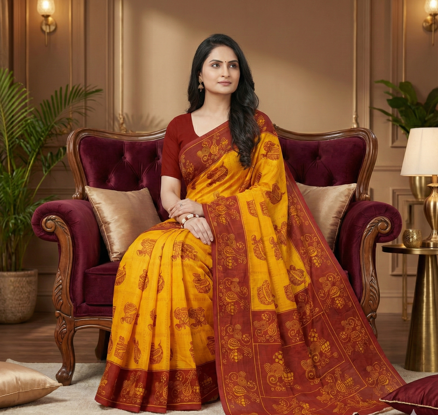 Monica Yellow & Red Traditional Cotton Saree