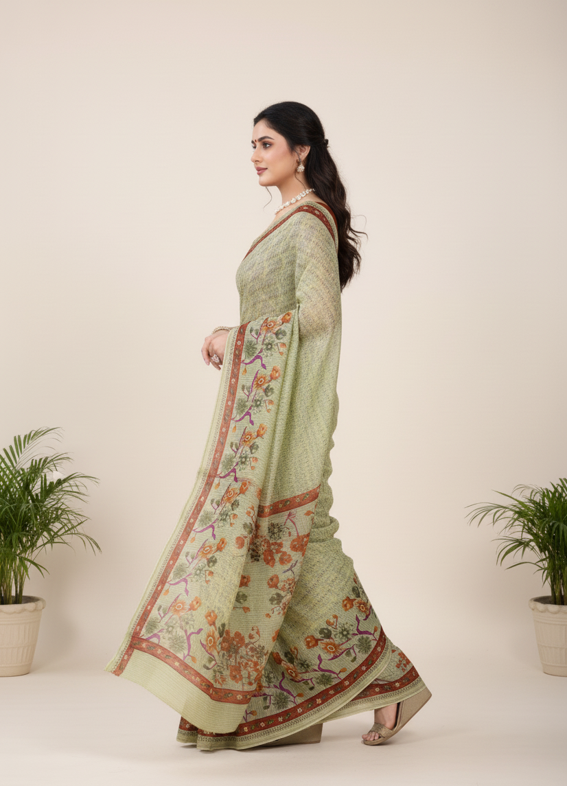 Dusty Beauty 3 Cotton Printed Saree Light Green 3931