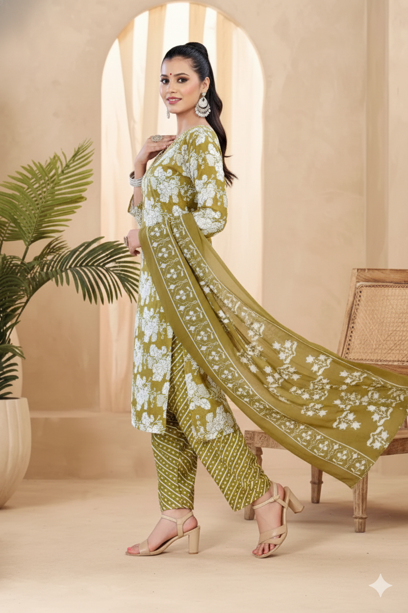 Pariza Cotton Printed Stitched Salwar Suit Mehendi 1008
