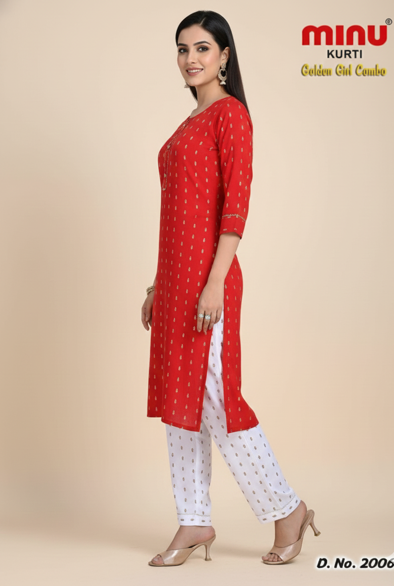 Golden Girl Combo Cotton Kurti Set Red