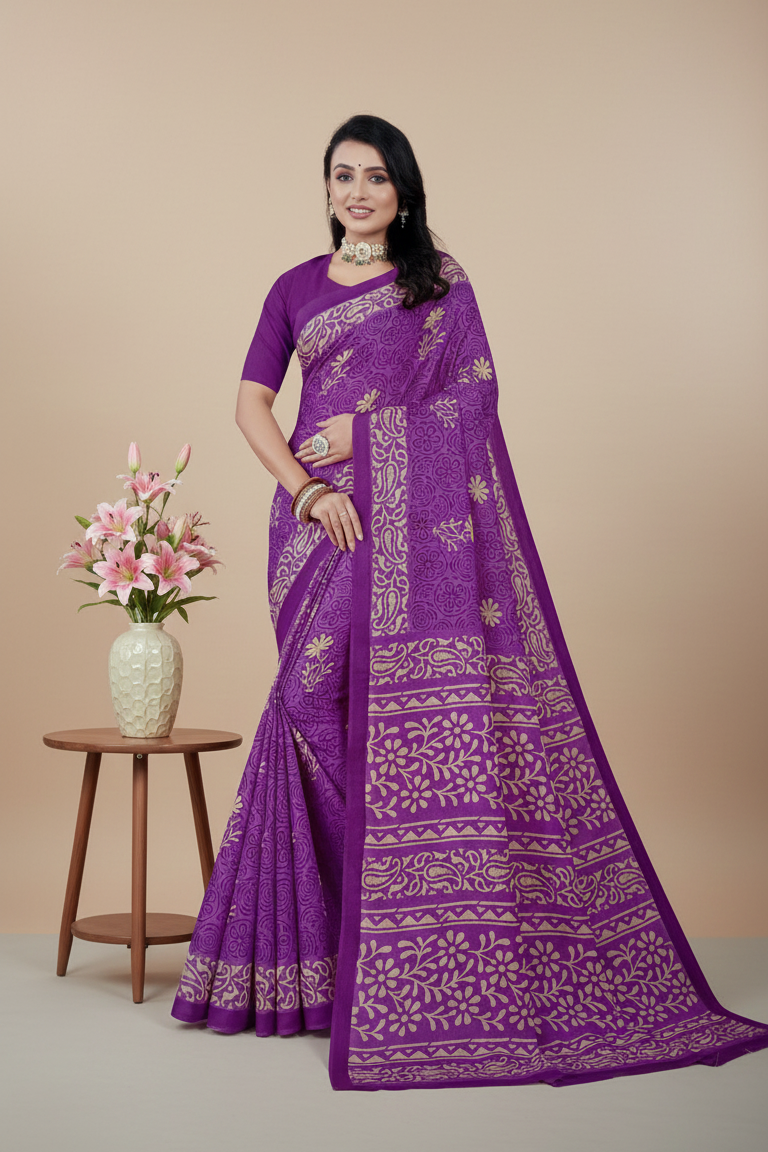 Priyatama Cotton Printed Saree Purple