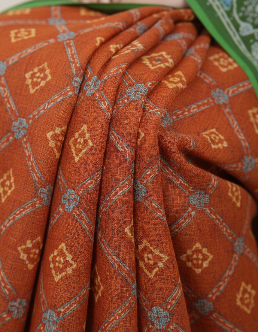 Ulta Chasma Cotton Printed Saree Orange-Green