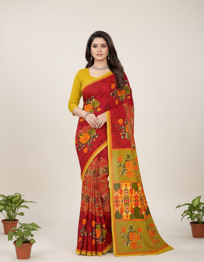 Sonar Bangla 31 Cotton Printed Saree Scarlet Red
