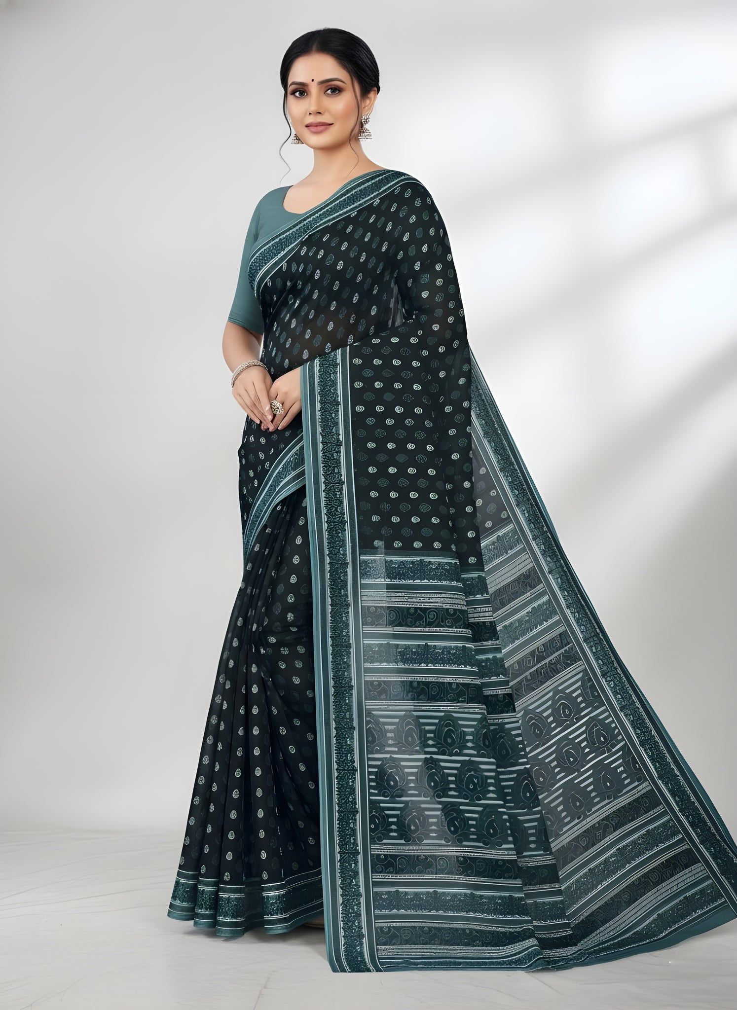 Monika V-1 Cotton Printed Saree Black