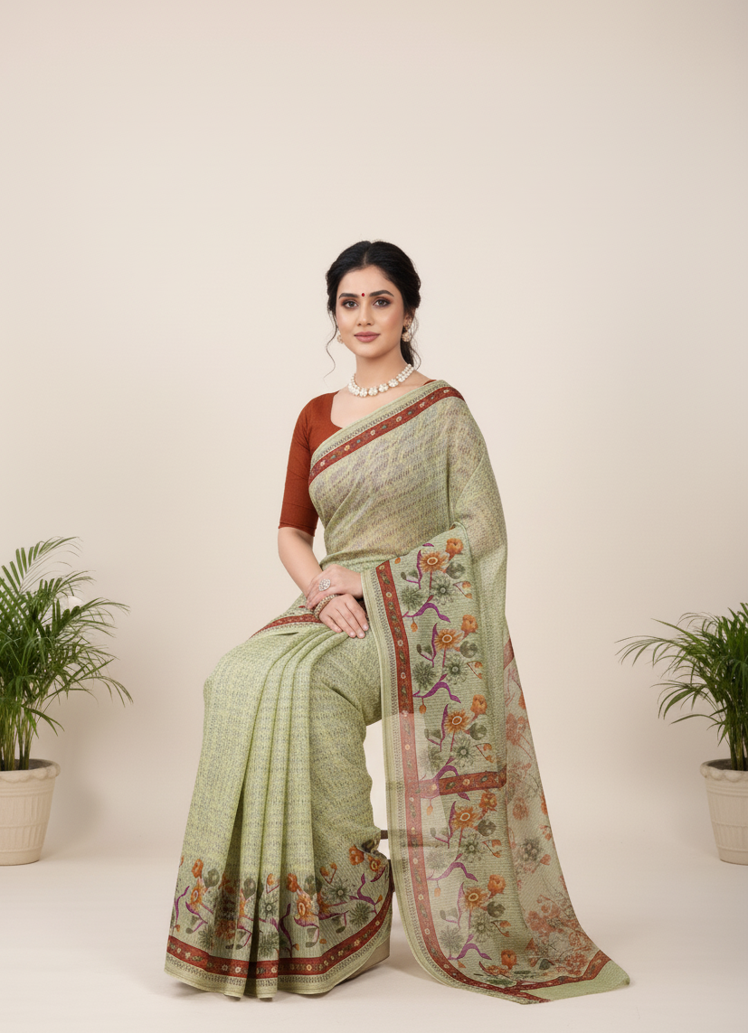 Dusty Beauty 3 Cotton Printed Saree Light Green 3931