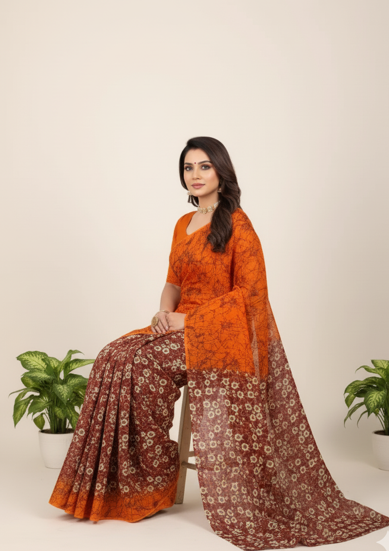 Kolkata Bridge 3 Cotton Printed Saree Mustard & Maroon