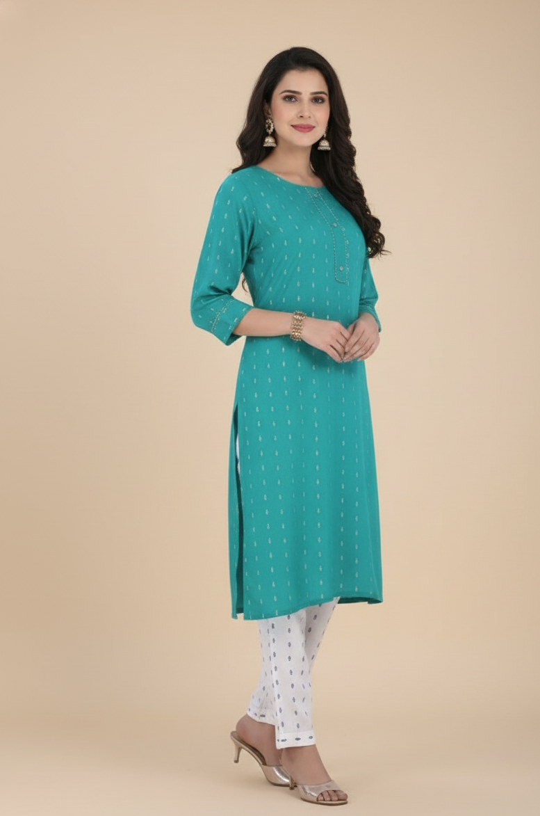 Golden Girl Combo Cotton Kurti Set Sea Green