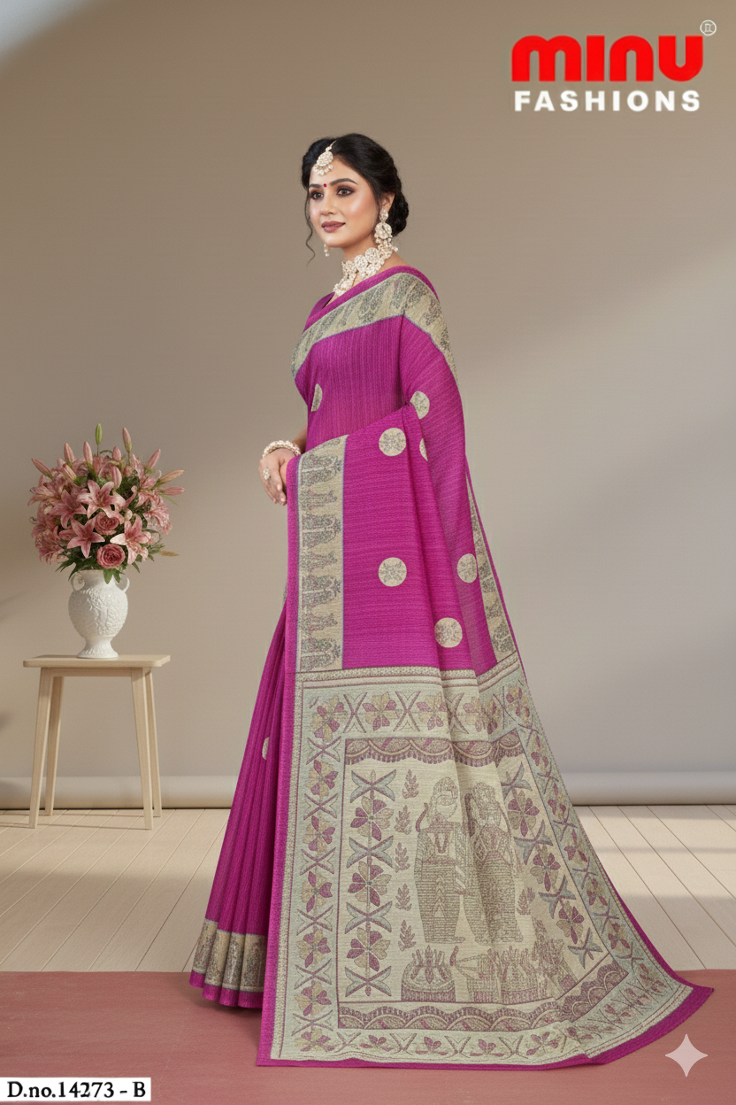 Madhubani Kantha Malai Cotton Printed Saree Purple