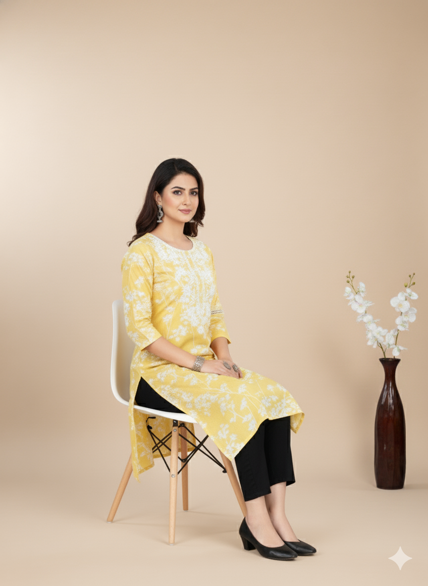 Pooja Cotton Printed Kurti Yellow
