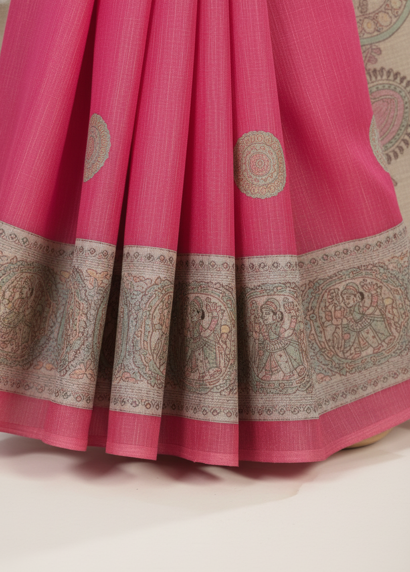 Madhubani Kantha Malai Cotton Printed Saree Pink