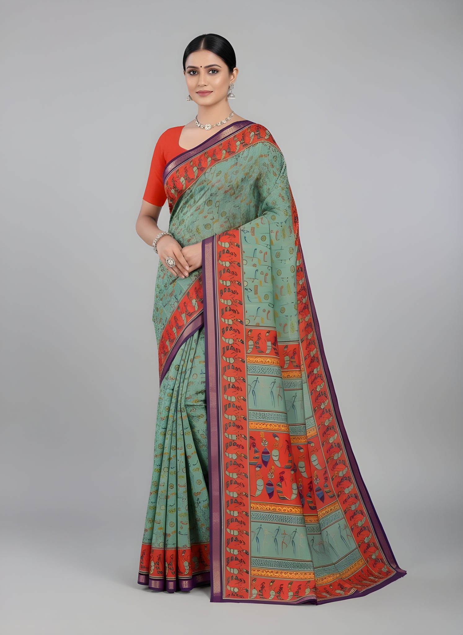 Kanishka Script Muslin Cotton Printed Saree Green & Orange