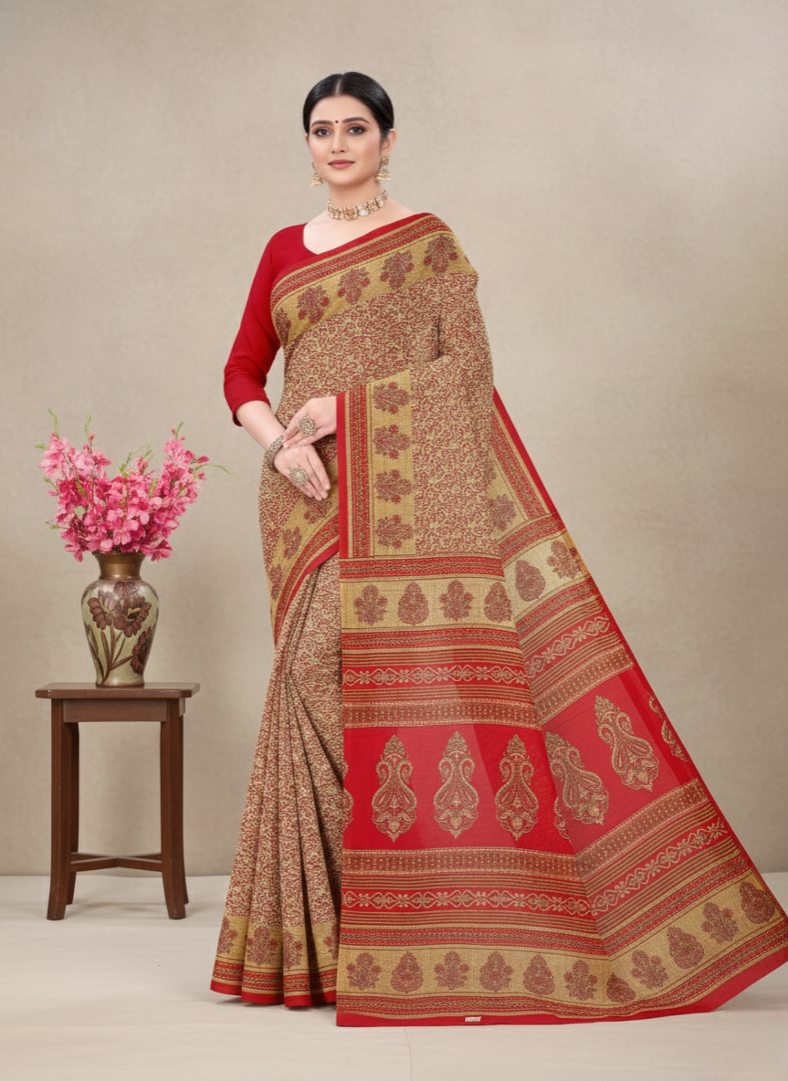 Malaika Cotton Printed Saree Red 7767