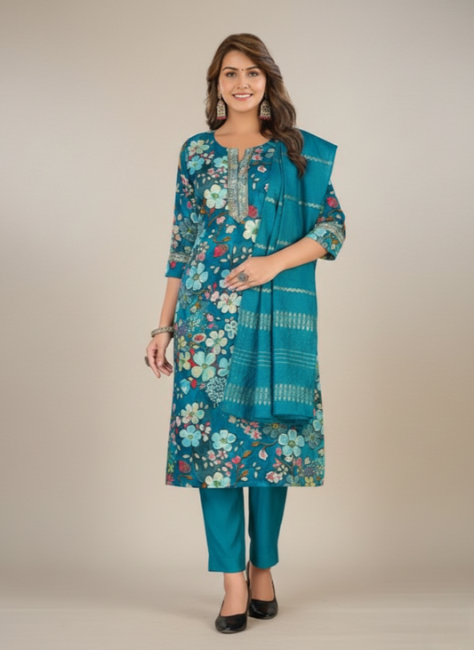 Shloka Chanderi Printed Stitched Salwar Suit 44" Teal Green