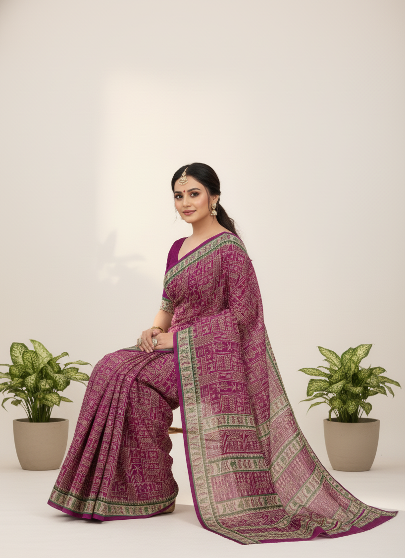 Howrah Haat Cotton Printed Saree Purple 2473