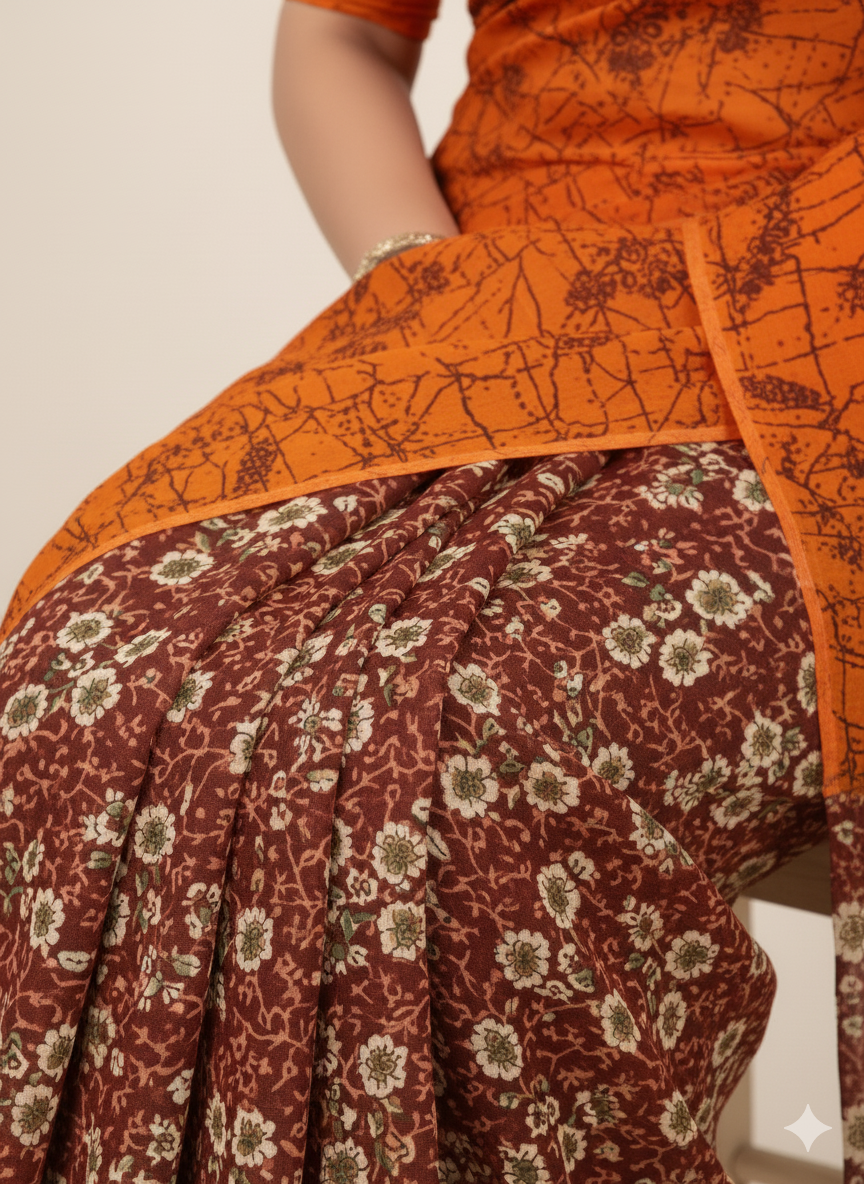 Kolkata Bridge 3 Cotton Printed Saree Mustard & Maroon