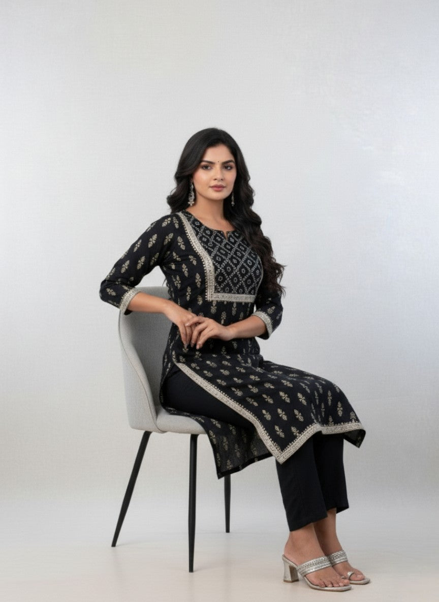 Pratishtha Cotton Printed Kurti Set Black