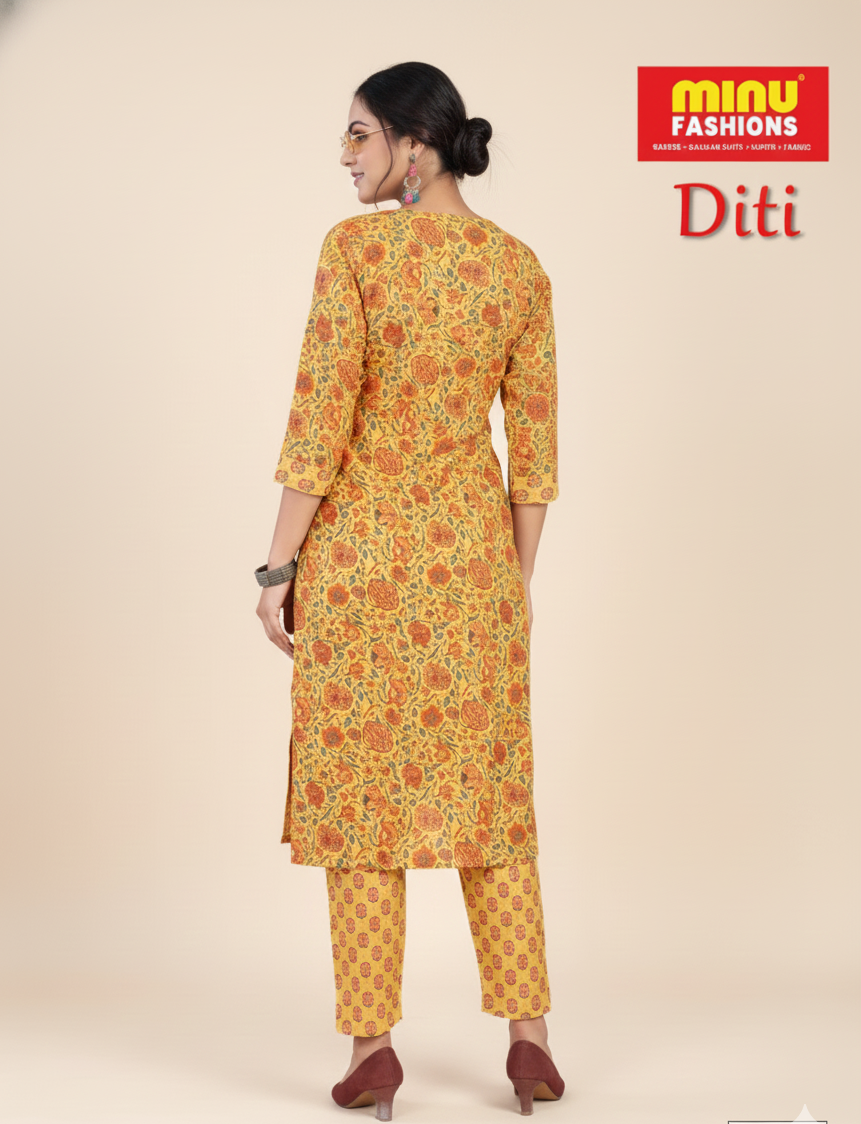 Diti Cotton Printed Kurti Set Yellow 1004