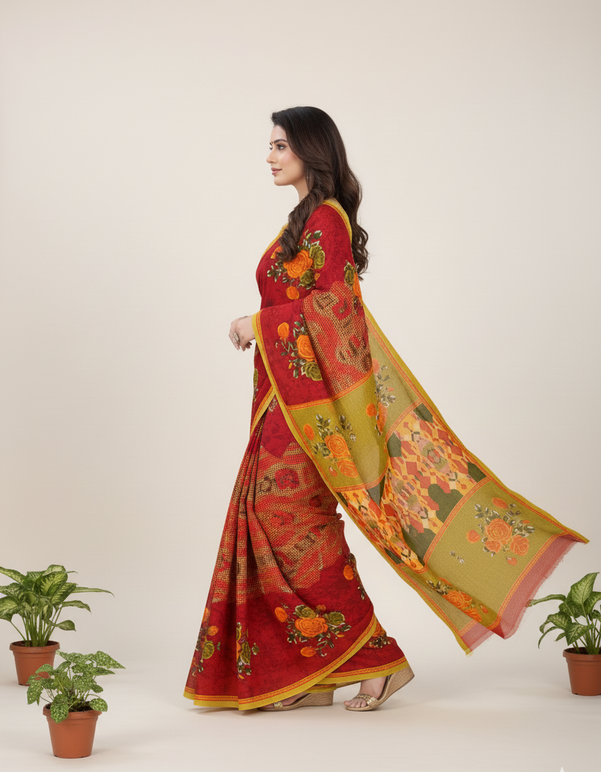 Sonar Bangla 31 Cotton Printed Saree Scarlet Red