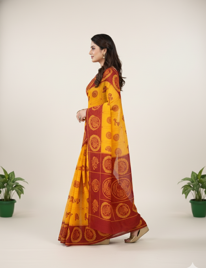 Monika Lemon Red Cotton Printed Saree 4060