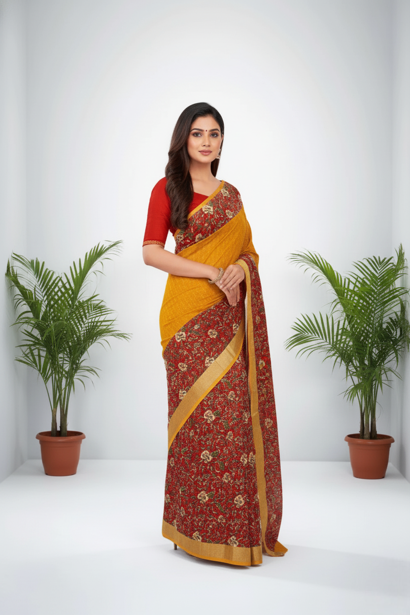 Urvashi Cotton Printed Saree Deep Orange