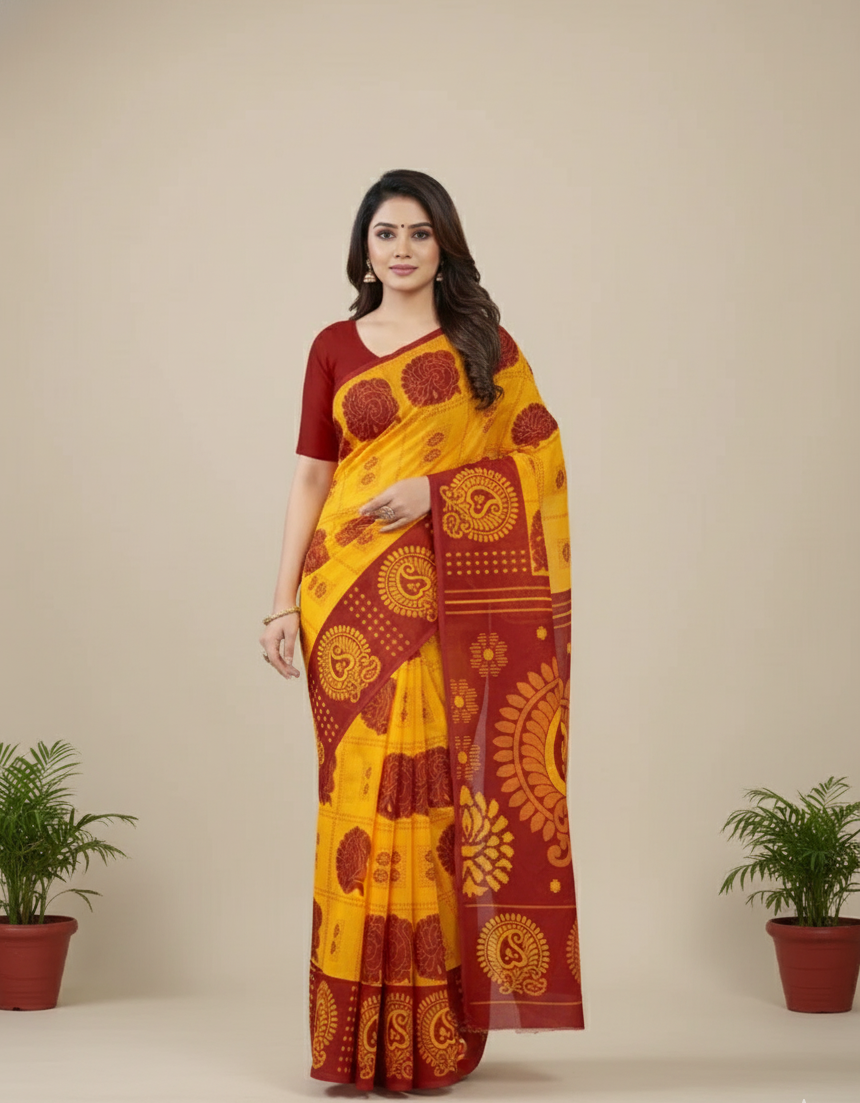 Monika Lemon Red Cotton Printed Saree 4058