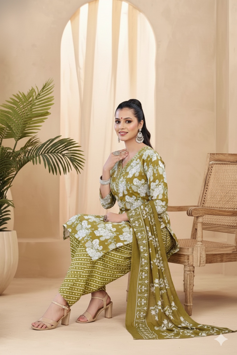 Pariza Cotton Printed Stitched Salwar Suit Mehendi 1008