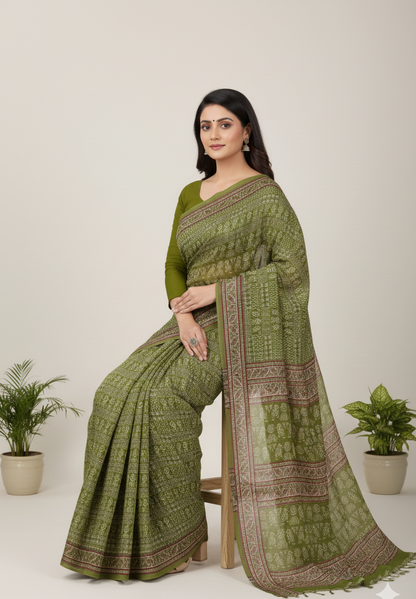 Howrah Haat Cotton Printed Saree Green 2475