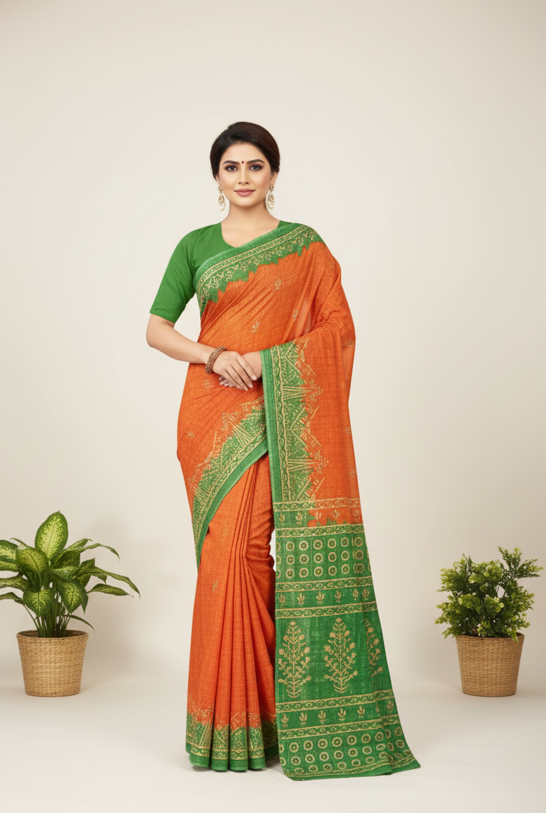 Prativa Batik Cotton Printed Saree Orange
