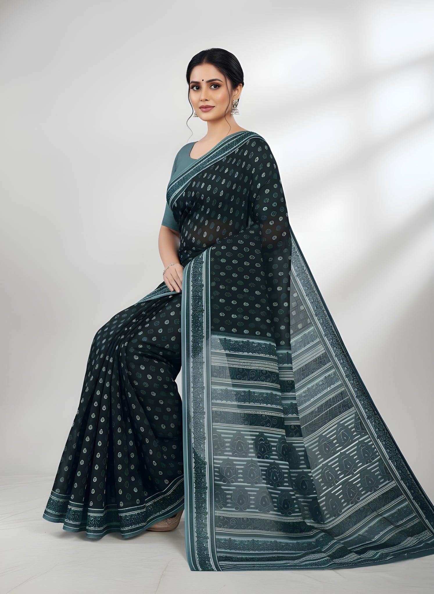 Monika V-1 Cotton Printed Saree Black