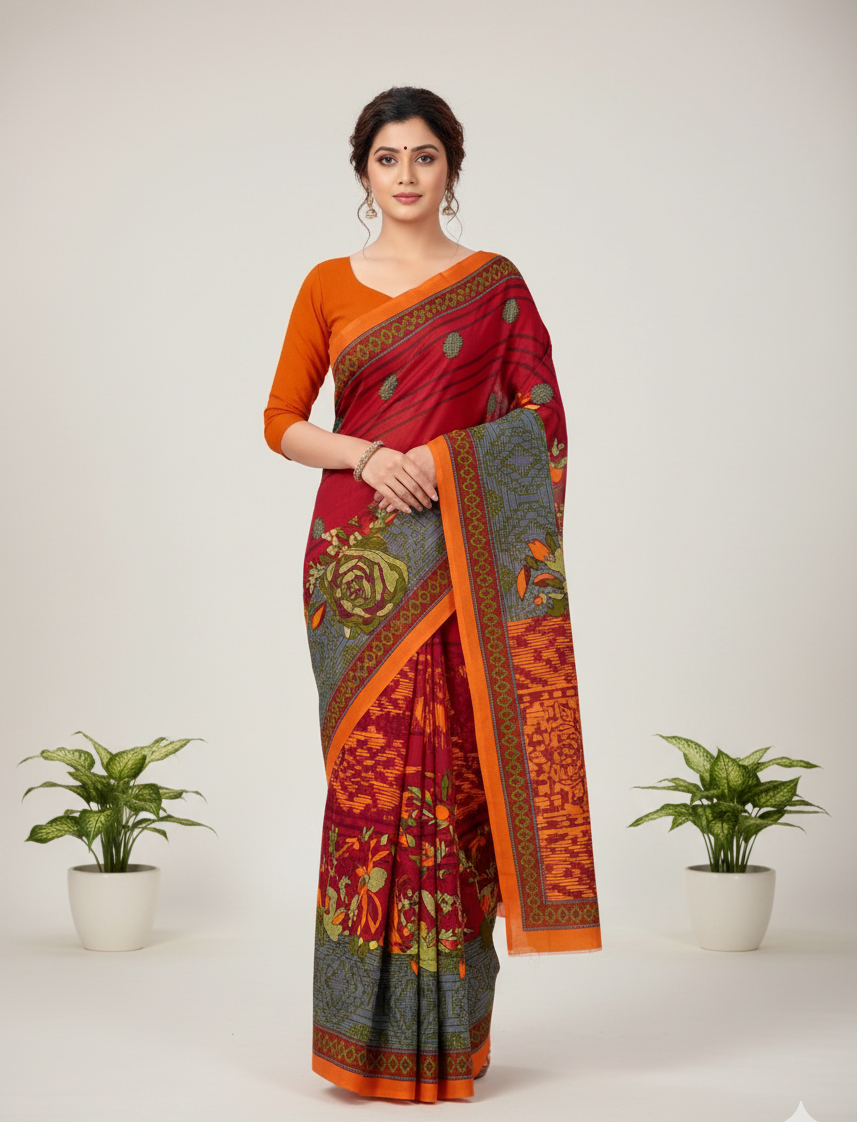Sonar Bangla 31 Cotton Printed Saree Pomegranate Red